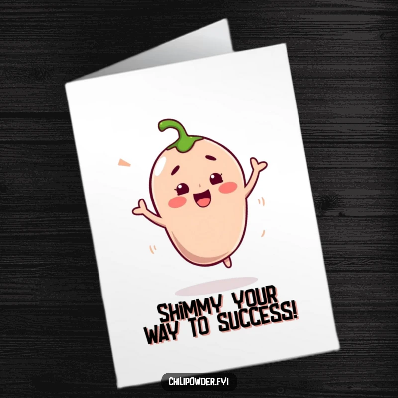 Free Printable Congratulations Card: Kawaii chili powder character shimmying happily to celebrate an achievement.
