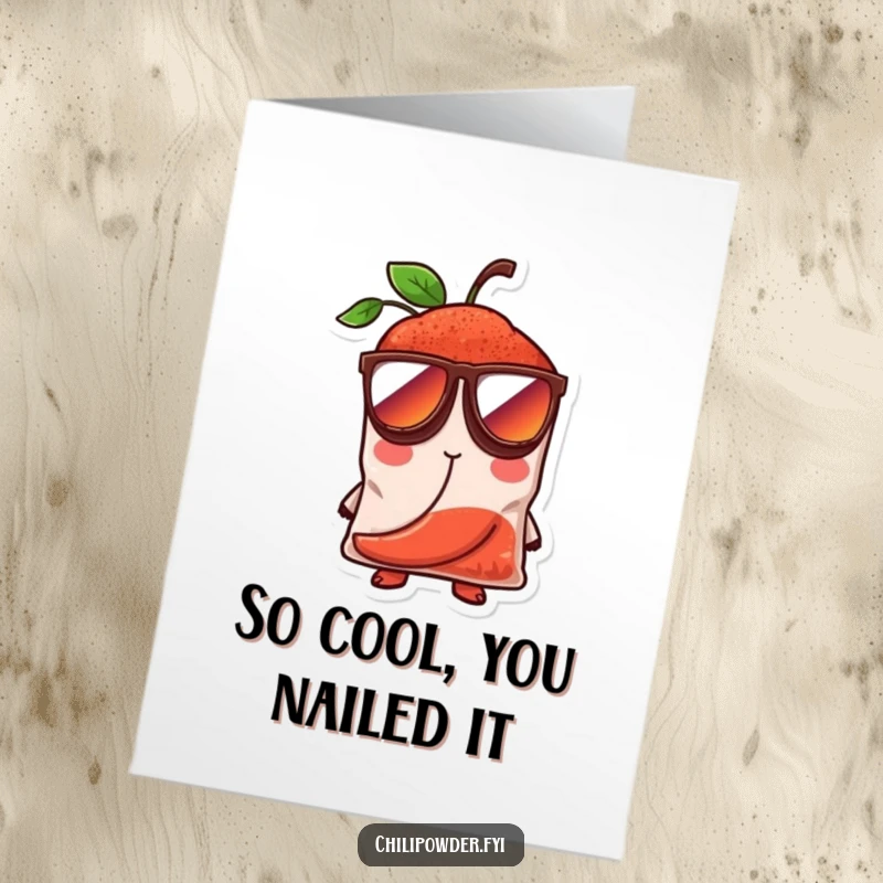 Funny Free Printable Congrats Card: Chili bag sporting large sunglasses, exuding confidence and cool.