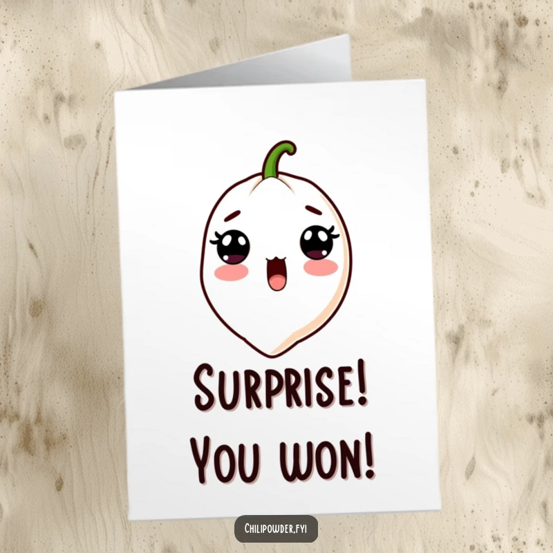 Funny free printable congratulations card: Cute kawaii chili powder with surprised eyes and an open mouth, celebrating news with humorous shock.