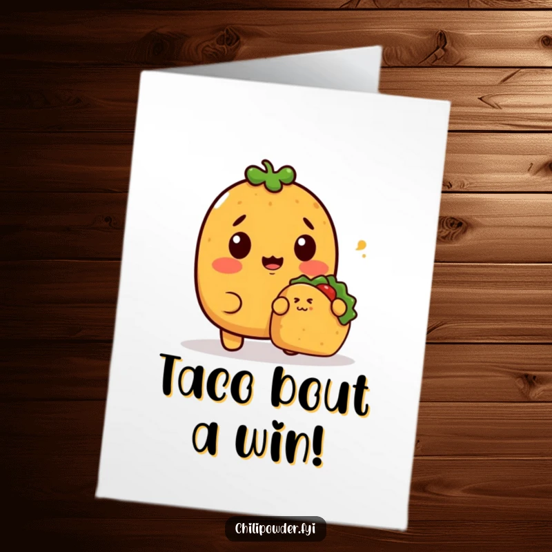 Funny Free Printable Congratulations Card: Kawaii chili powder character looking utterly surprised as a tiny taco approaches.