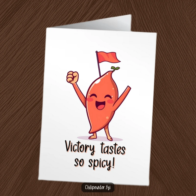 Funny Free Printable Congratulations Card: Chili powder character holds a flag in victory.