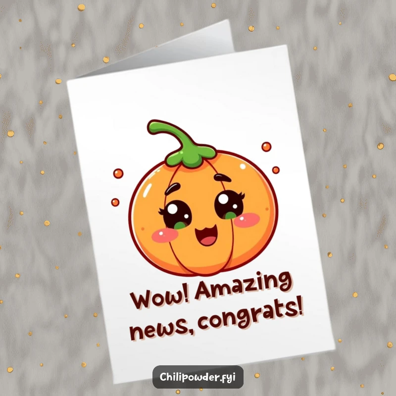 Funny Free Printable Congratulations Card of a chili powder character with eyes wide in playful surprise at their success.