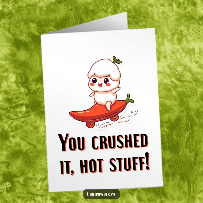 Funny Free Printable Congrats Card: Chili puff winner riding a pepper like a surfboard, triumphant.