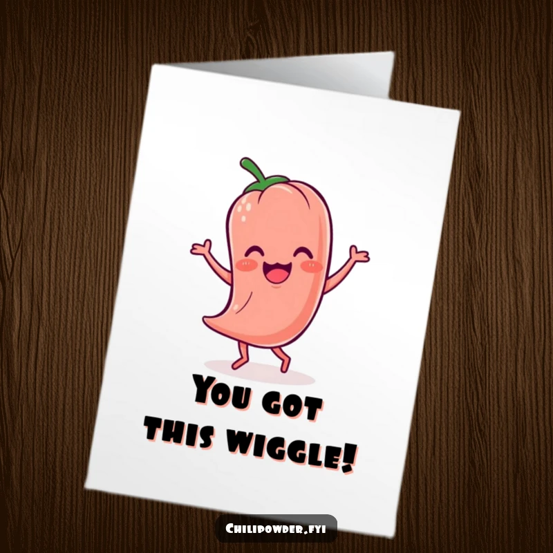 Funny Free Printable Congrats Card: Wobbly Kawaii chili powder character does a cheerful, comical jig to celebrate your success.