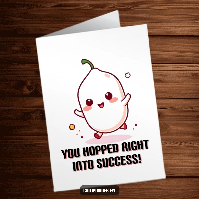 Funny Free Printable Congratulations Card showing a kawaii chili powder shaker in a playful hop with a puff of dust. Celebrating achievement with energy.
