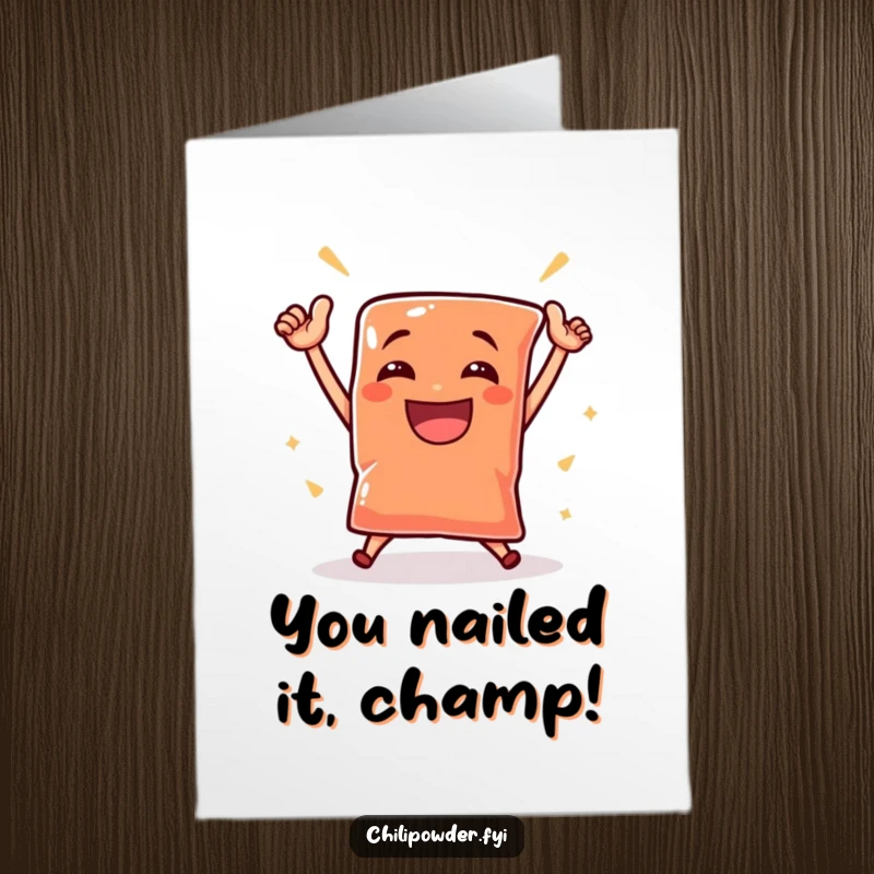 Funny Free Printable Congrats Card: A small chili powder pouch dancing victoriously with a grin, perfect for a downloadable celebration.