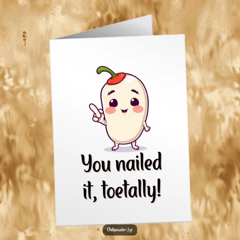 Free Printable Congratulations Card: Kawaii chili powder character in a dynamic, playful pose, pointing a toe with confidence.