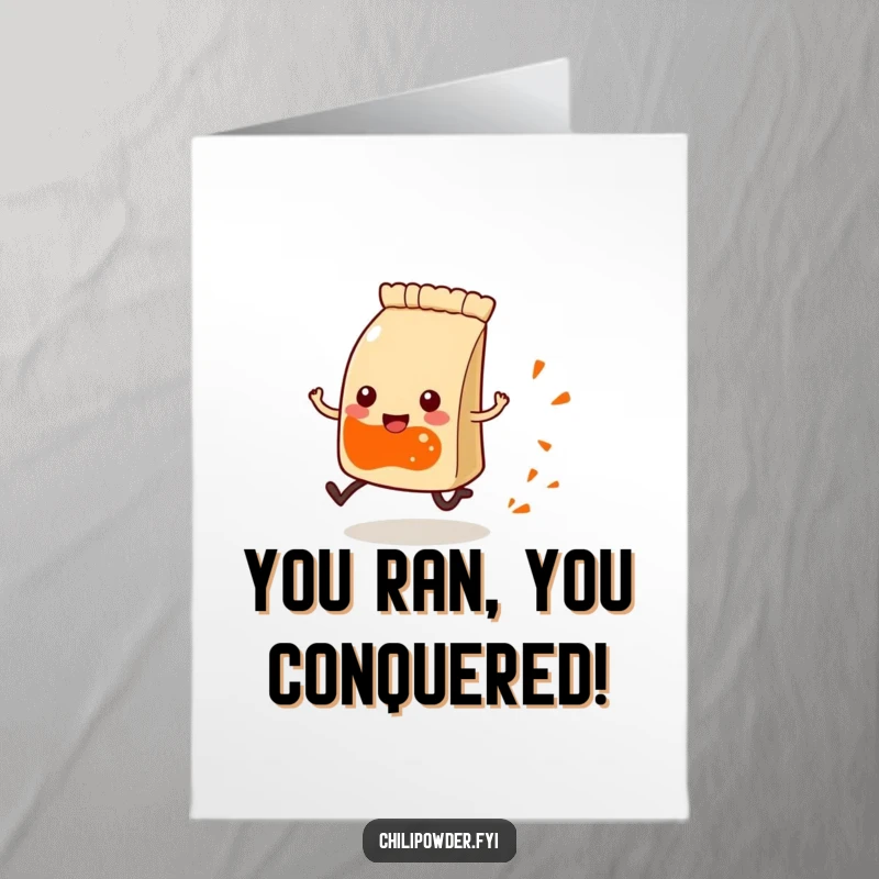 Funny Free Printable Congrats Card: A Kawaii chili pouch with tiny legs running swiftly, leaving a spice trail to mark a success.