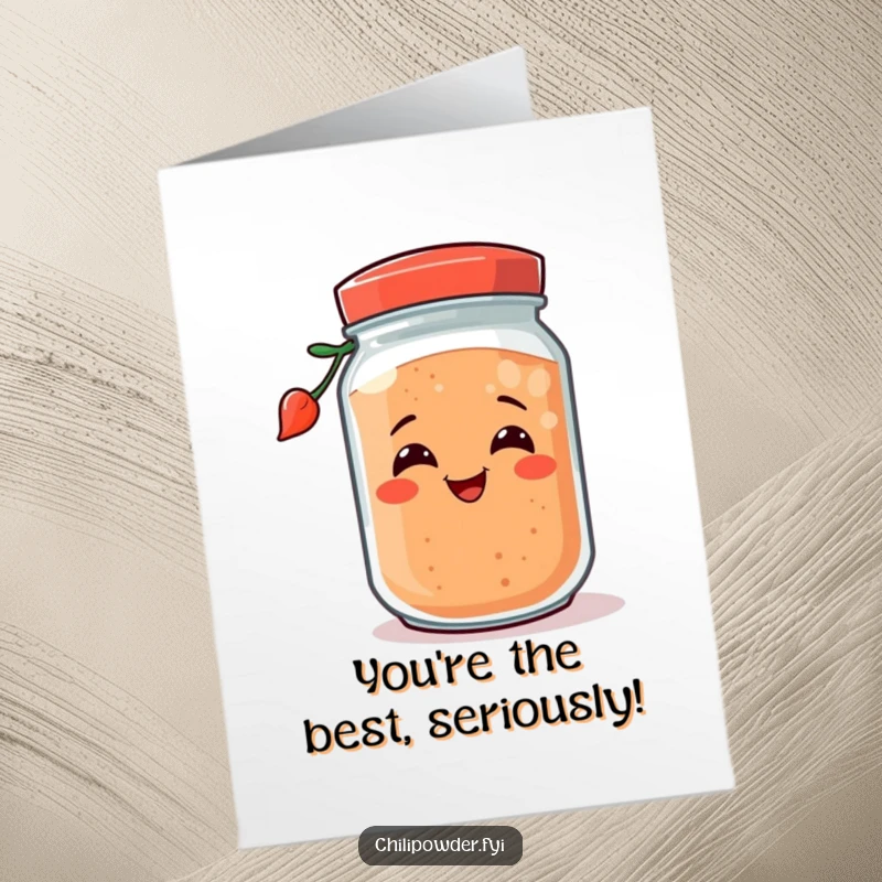 Funny Free Printable Congratulations Card featuring a happy chili powder jar tipping over playfully, celebrating success.