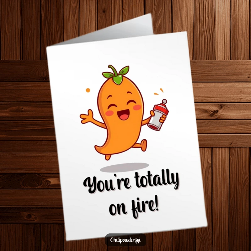 Free Printable Congratulations Card: A chili powder character leaps excitedly, shaking a tiny spice shaker.