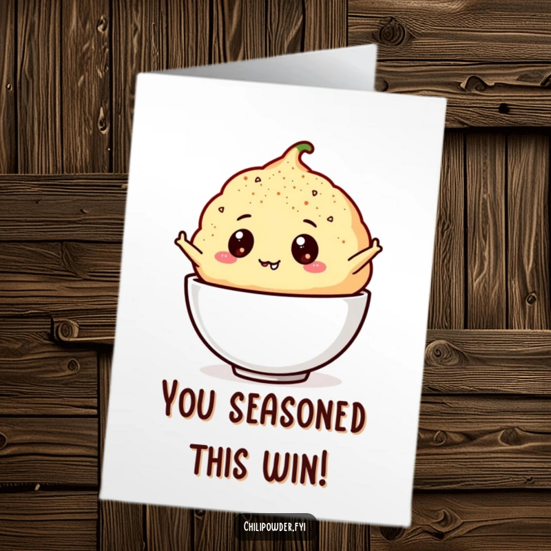 Funny Free Printable Congratulations Card: A chili powder puff with googly eyes leaping excitedly into a bowl, celebrating success.