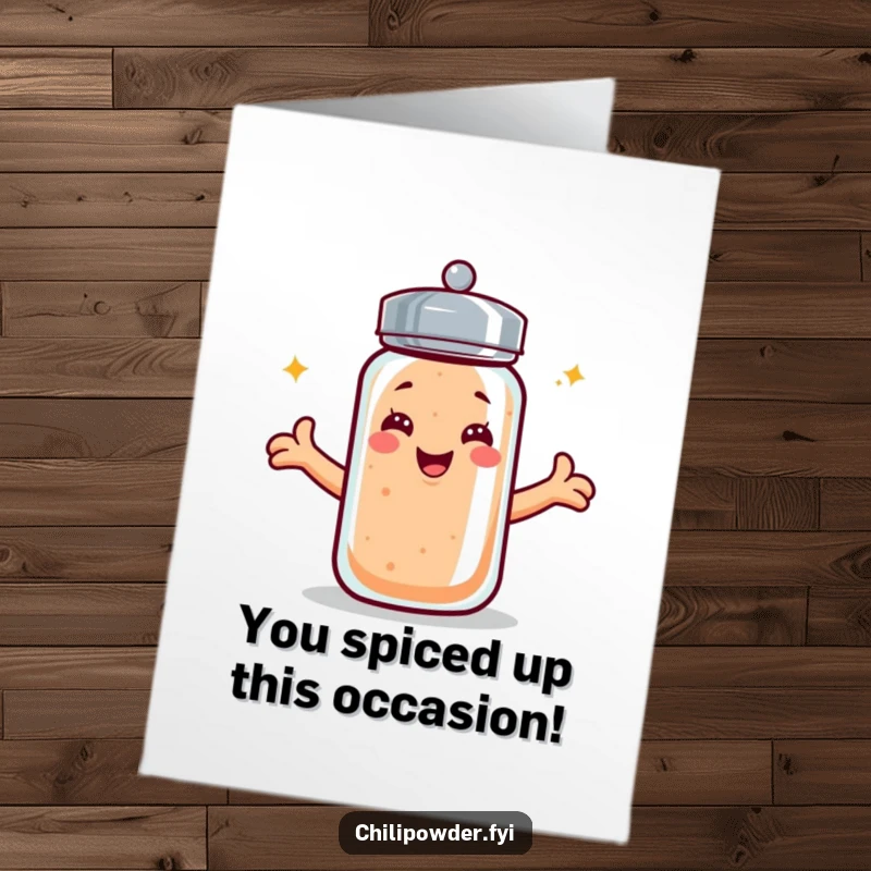 Funny Free Printable Congratulations Card with a kawaii chili powder shaker extending arms in a celebratory gesture. Perfect for any proud moment.