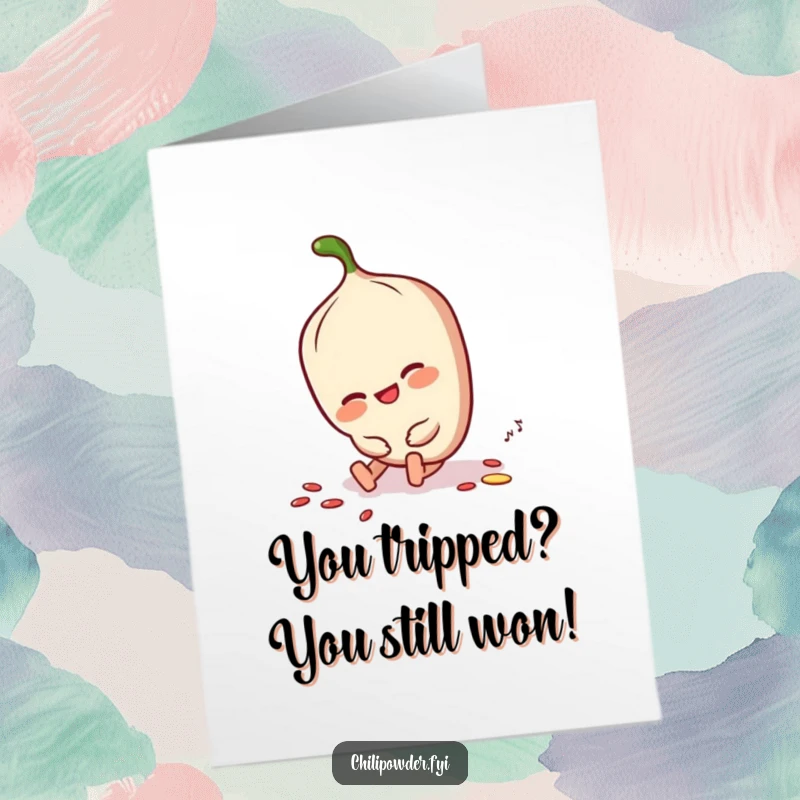 Free Printable Congratulations Card: Chili powder character tripping triumphantly, smiling, dusting off after a win.