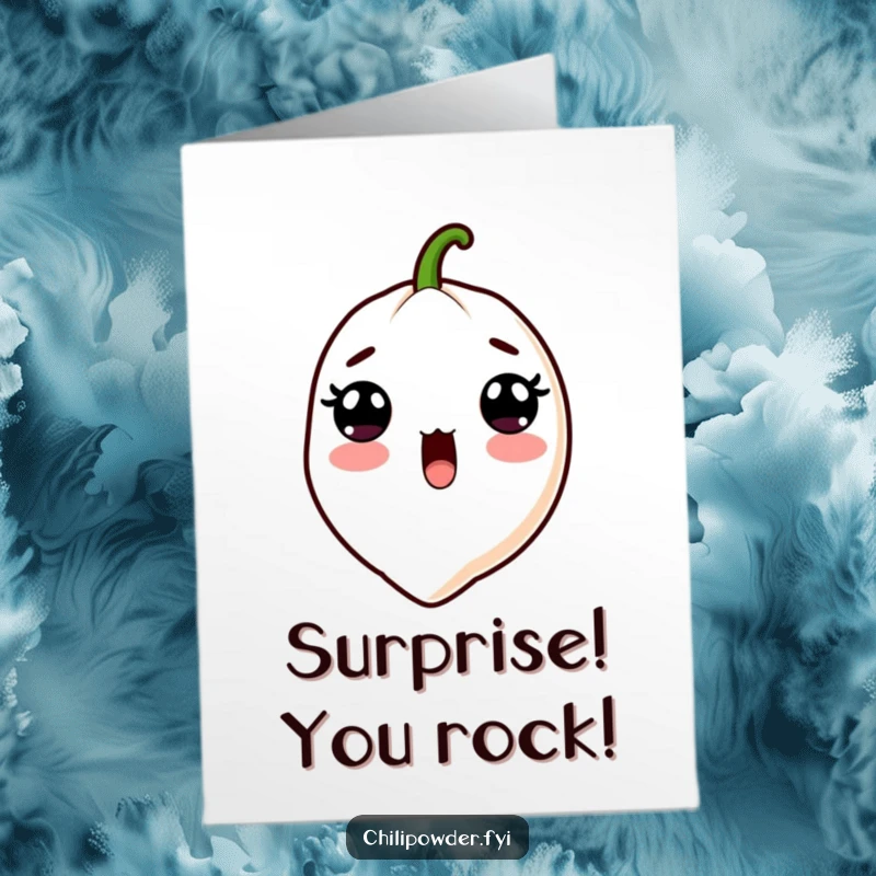 Funny free printable thank you card: Adorable kawaii chili powder with surprised eyes and an open mouth, conveying thanks with humorous shock.