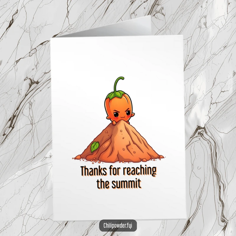 Funny Free Printable Thank You Card: A chili element with a determined expression scaling a tiny pepper mountain.