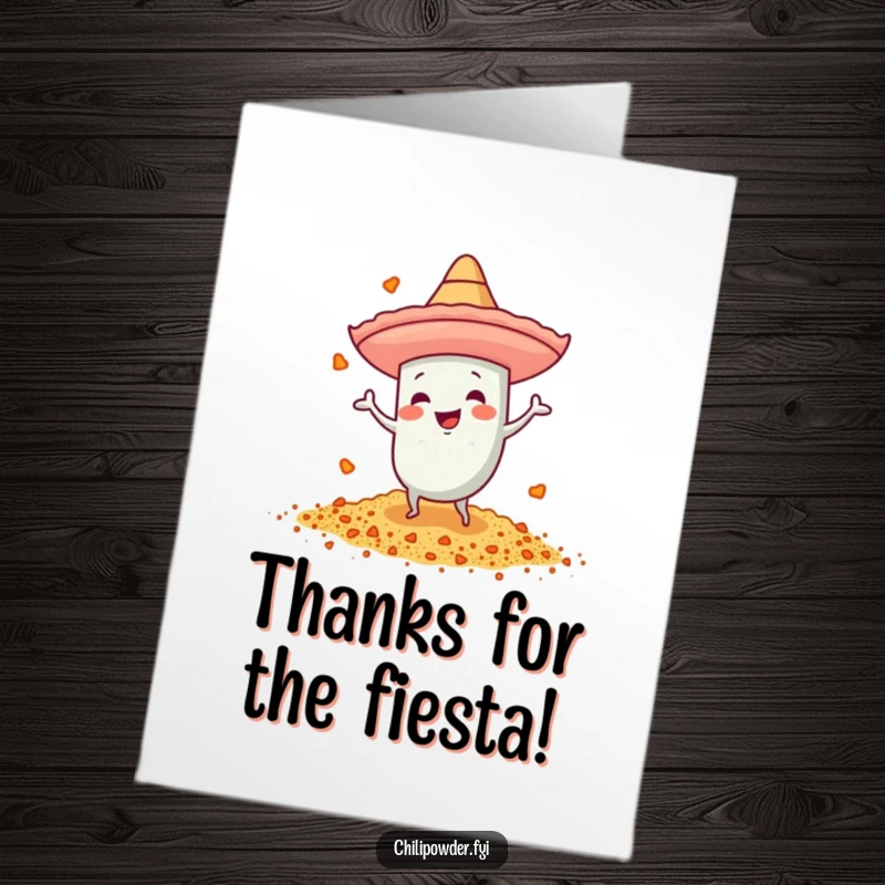 Free Printable Thank You Card: A chili powder character with a sombrero dances energetically.