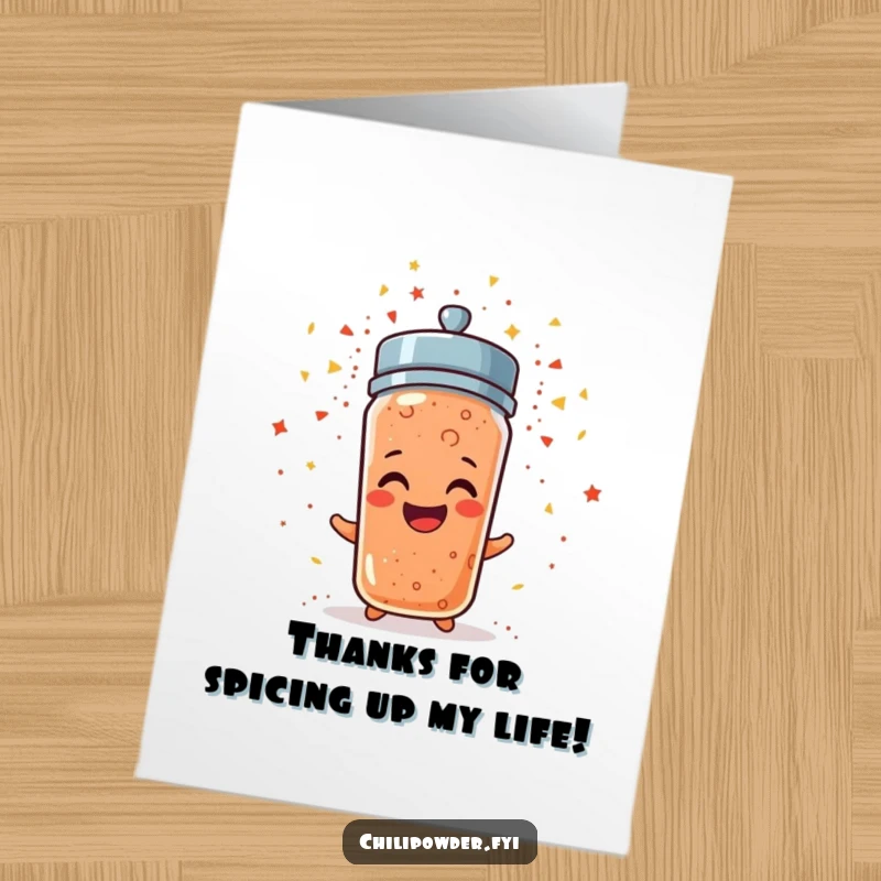 Funny Free Printable Thank You Card: A grinning chili powder shaker erupting in sparkly confetti, showing thanks with enthusiasm.