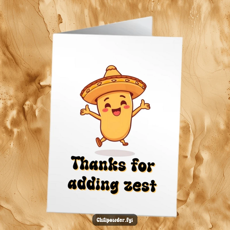 Funny Free Printable Thank You Card: A chili powder character in a sombrero dances wildly.
