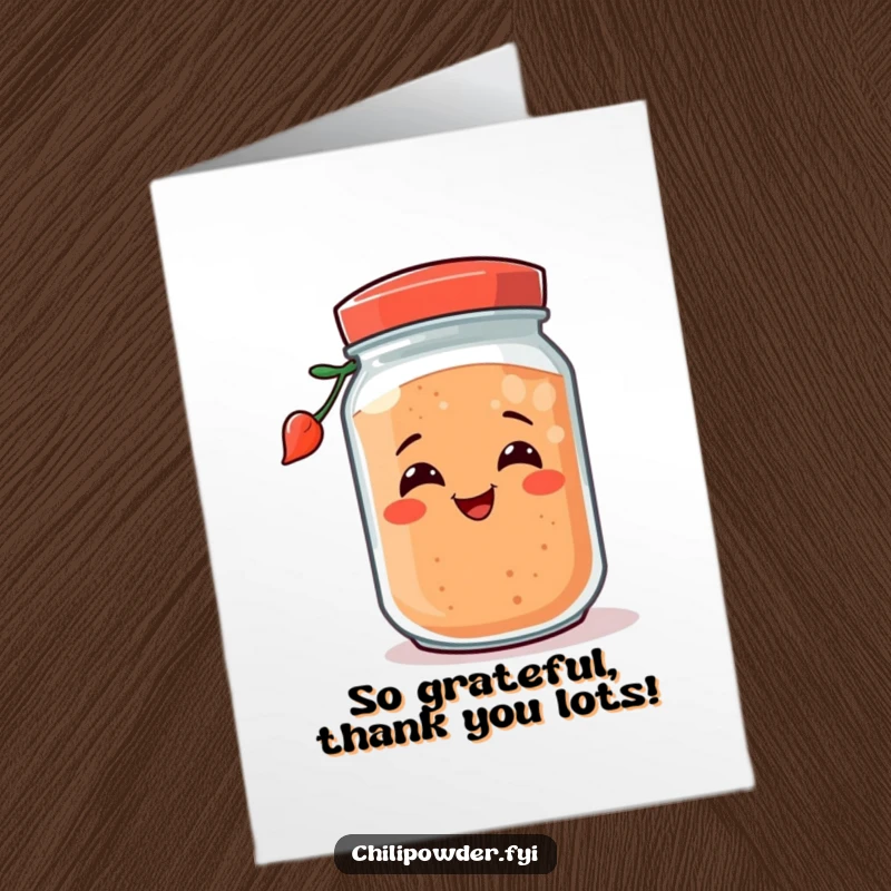 Funny Free Printable Thank You Card of a chili powder jar with a happy grin tipping over, expressing thanks.