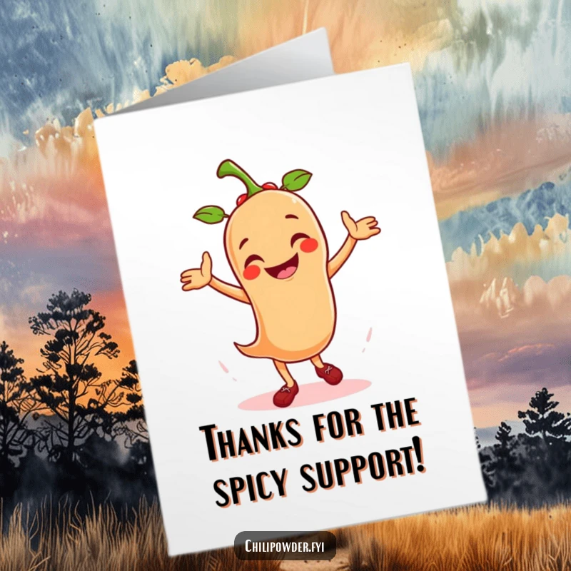 Free printable thank you card depicting a cheerful chili powder character in a dynamic salsa dancing pose.