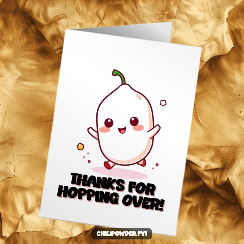 Funny Free Printable Thank You Card of a kawaii chili powder shaker doing a playful hop, kicking up dust. Sweet and energetic thanks.