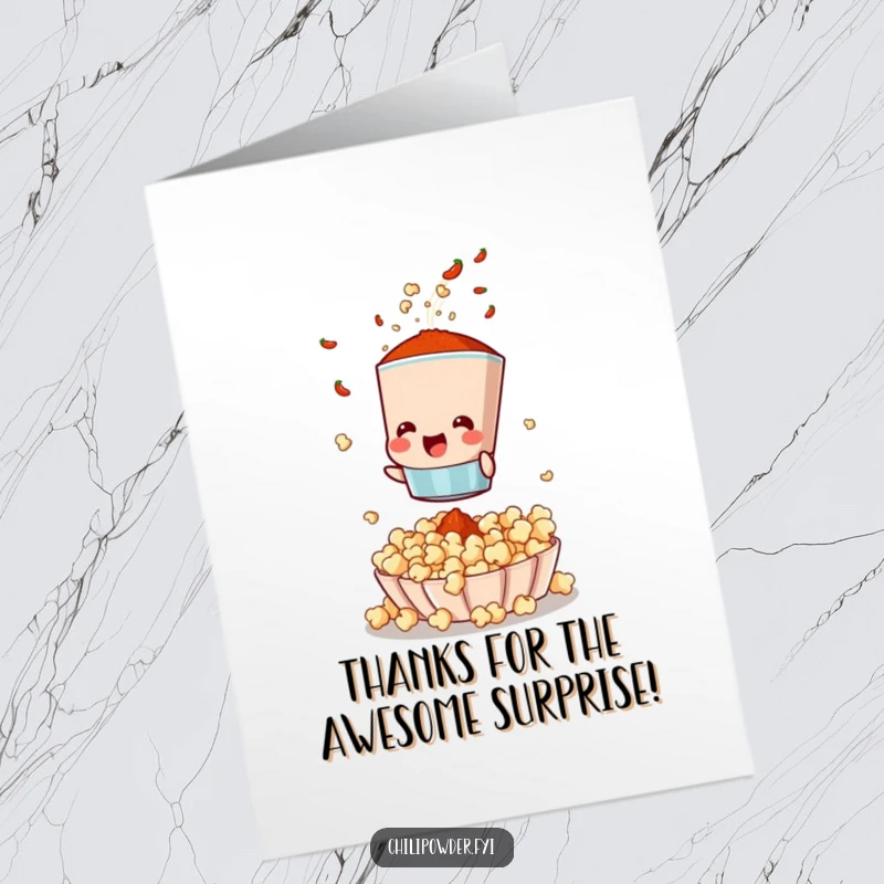 Funny free printable thank you card: a chili powder sifter showering popcorn with spices.