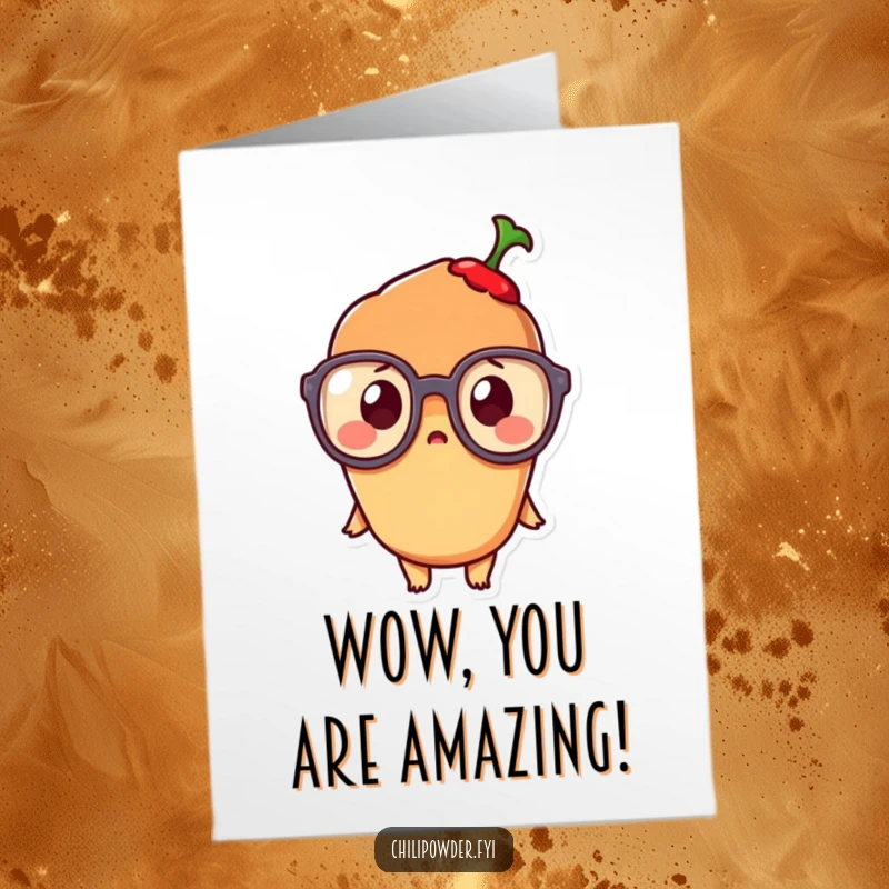 Funny Free Printable Thank You Card: A kawaii chili character with oversized glasses, looking hilariously surprised, conveying unique thanks.