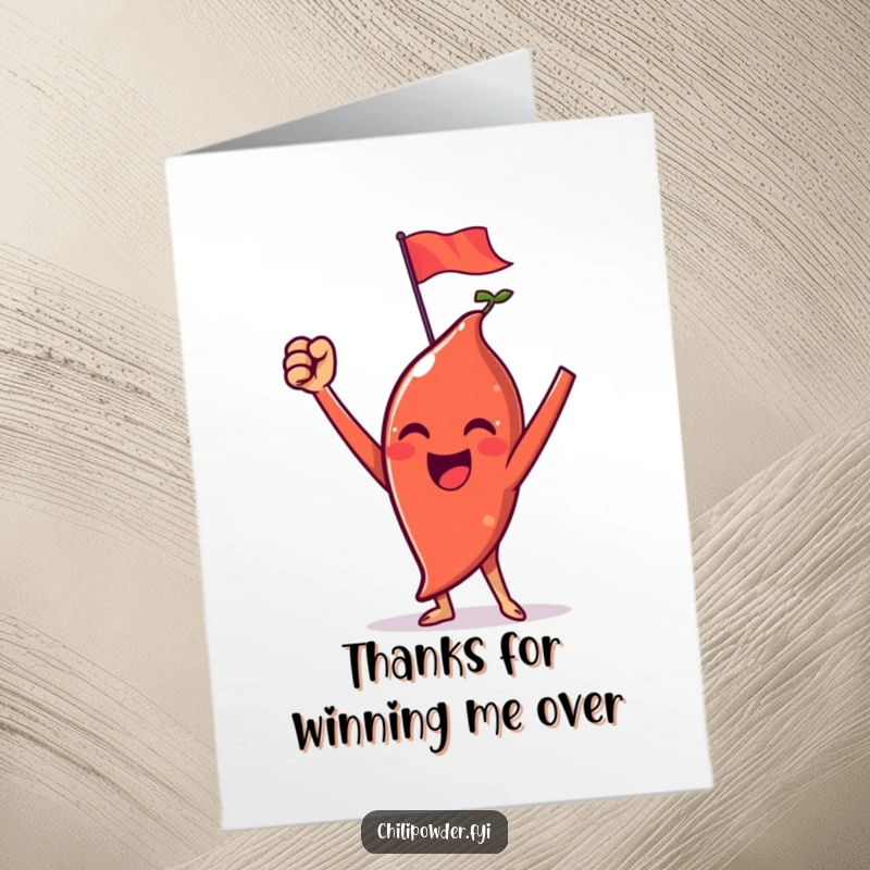 Free Printable Thank You Card: Chili powder character raises arms in triumph, waving a small flag.