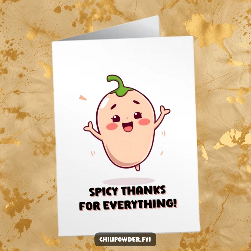 Funny Free Printable Thank You Card showing a kawaii chili powder character shimmying with gratitude and a playful expression.
