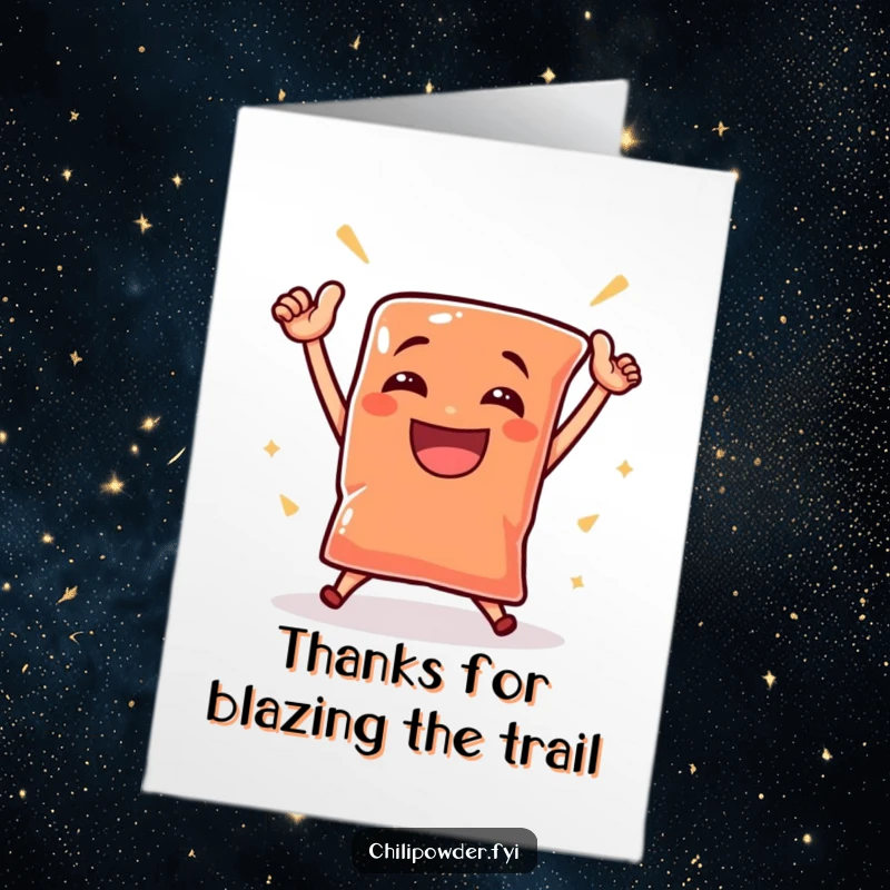 Funny Free Printable Thank You Card: A small chili powder pouch doing a victorious dance with a triumphant grin, a humorous downloadable thank you.