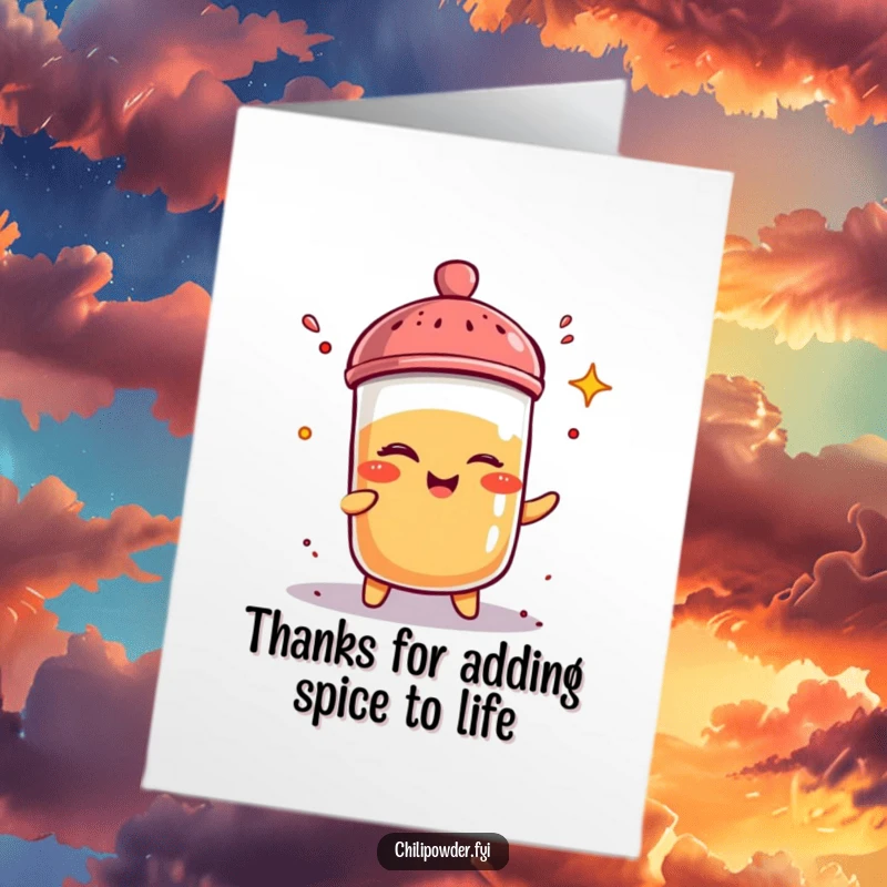 Funny Free Printable Thank You Card: A cheeky kawaii chili powder shaker winking and sprinkling spice, a humorous downloadable thank you.