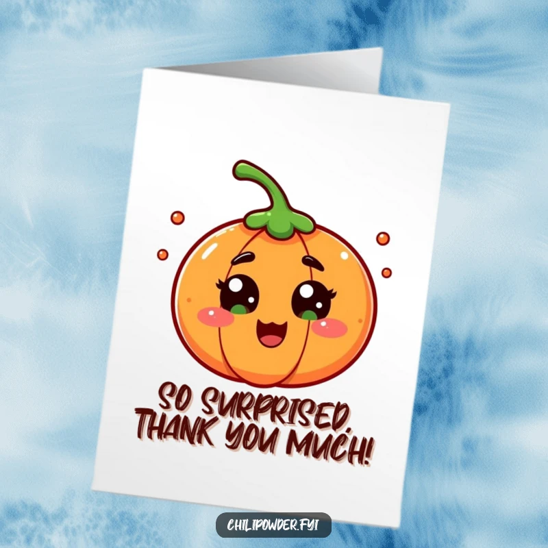 Funny Free Printable Thank You Card of a chili powder character with wide eyes in playful surprise, saying thanks.
