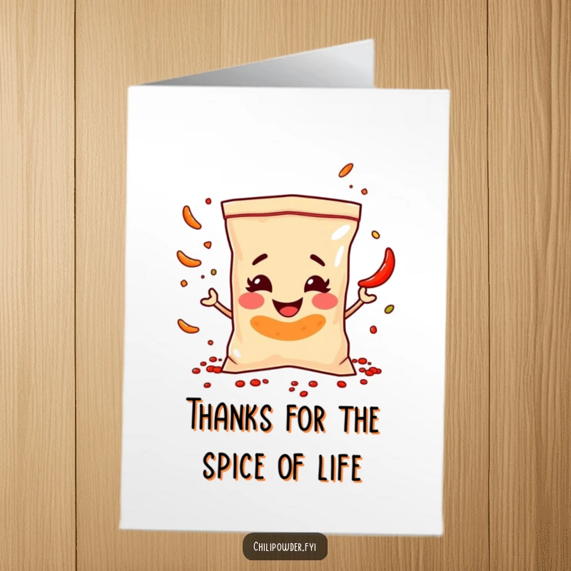 Funny Free Printable Thank You Card: A chili bag juggling spices, expressing thanks with a mischievous smile.