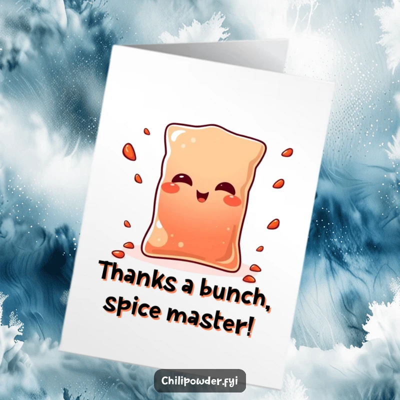 Funny Free Printable Thank You Card: A charming Kawaii chili pouch winking while juggling pepper flakes, expressing sincere thanks.