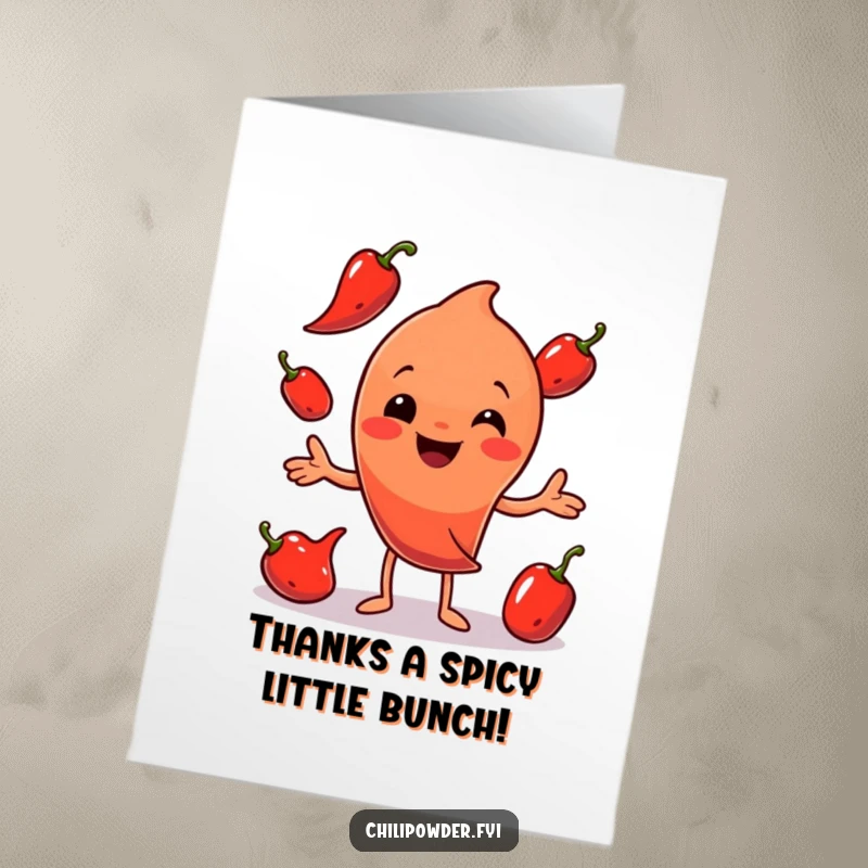 Funny Free Printable Thank You Card: A skilled chili powder character juggling peppers, offering thanks with flair and spice.