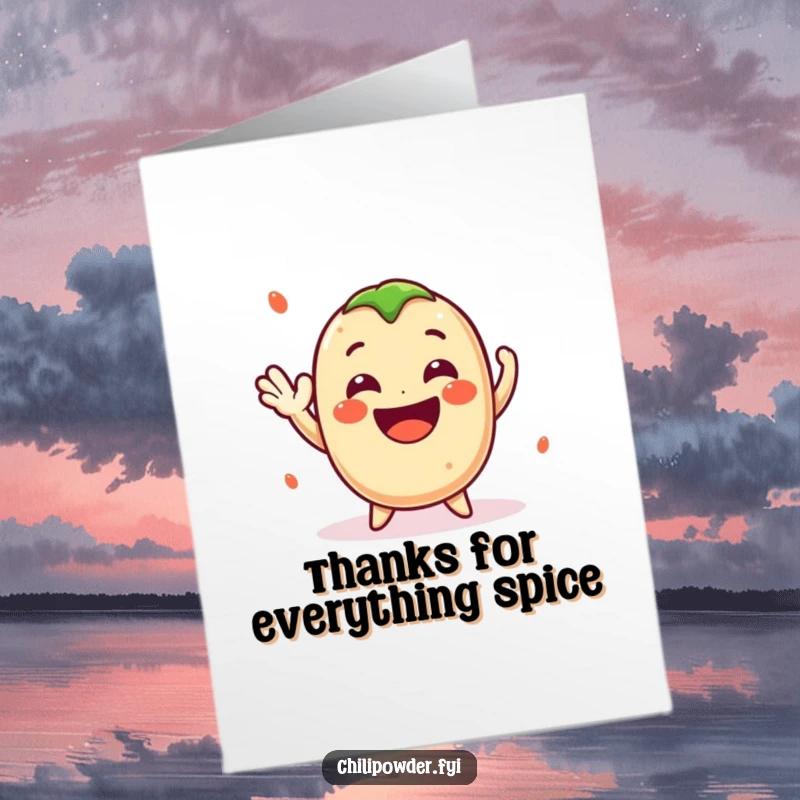 Funny free printable thank you card: Cute kawaii chili powder giving a cheerful wave and a big smile, conveying thanks with humor and warmth.