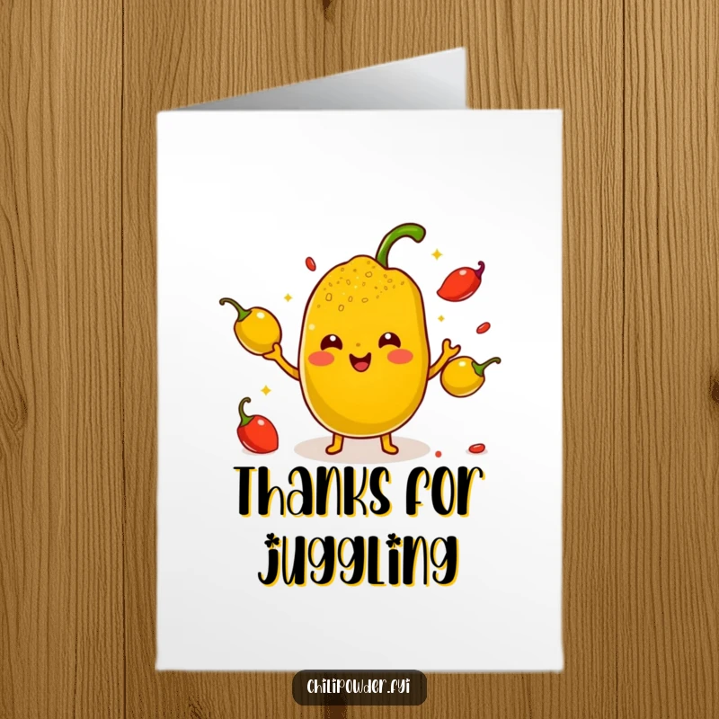 Funny free printable thank you card: Cute kawaii chili powder with tiny arms juggling small, smiling peppers, conveying thanks with humor.