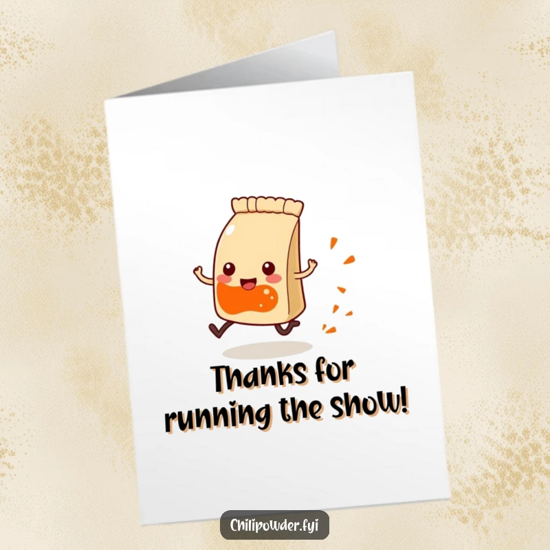 Funny Free Printable Thank You Card: A Kawaii chili powder pouch with tiny legs happily running, leaving a spice trail of thanks.
