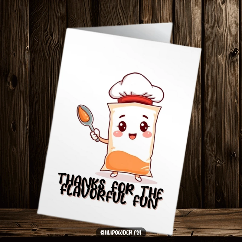 Funny Free Printable Thank You Card: A chili powder bag character in a tiny chef hat proudly holds up a spoon.