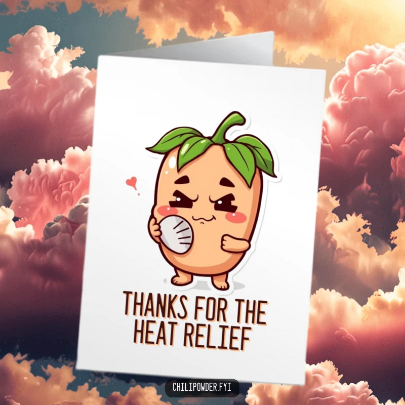 Funny Free Printable Thank You Card: A chili powder character has a happy grimace, fanning its face.