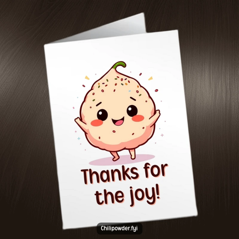 Funny Free Printable Thank You Card: Chili puff happily dancing amidst a shower of sprinkles.