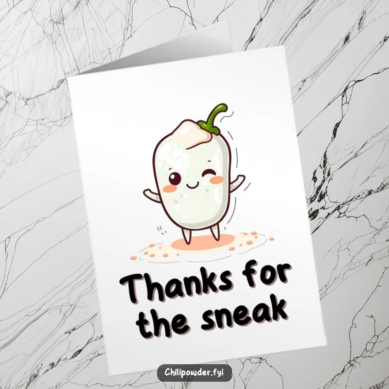 Funny free printable thank you card: Cute kawaii chili powder doing a silly tiptoe with a hidden smile, conveying thanks discreetly.