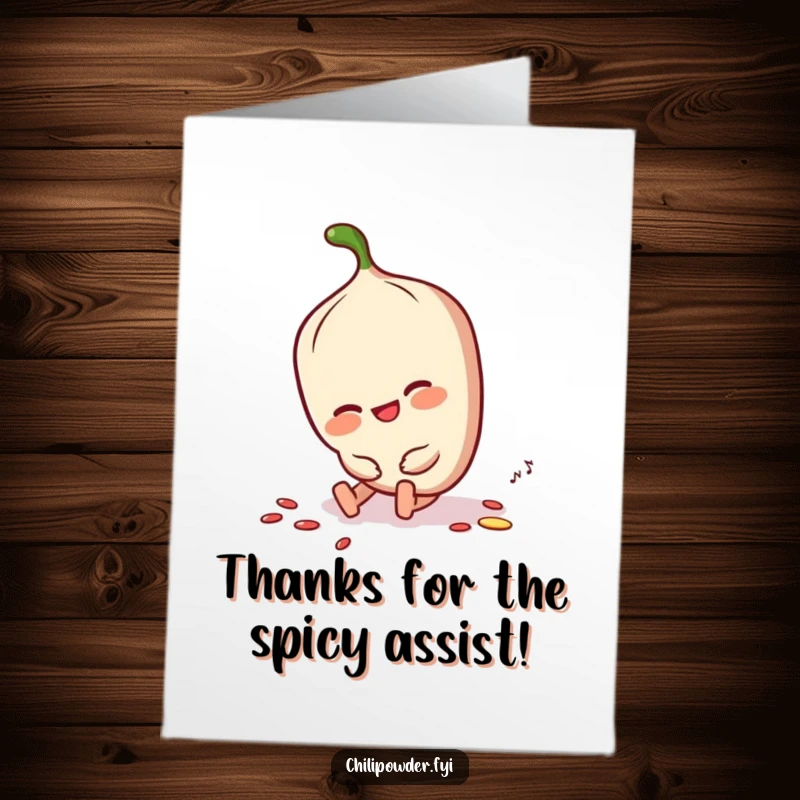 Funny Free Printable Thank You Card: Chili powder character tripping but smiling gratefully, dusting itself off.
