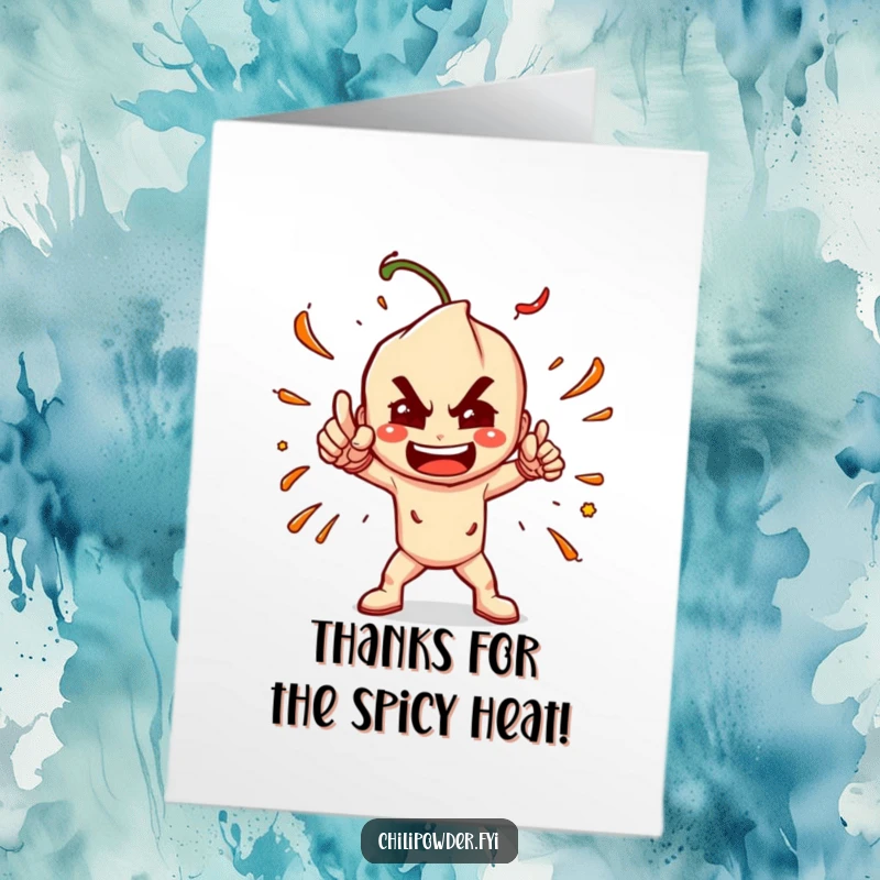 Funny Free Printable Thank You Card: A chili powder character in a striking, dramatic pose, conveying thanks with spicy intensity.