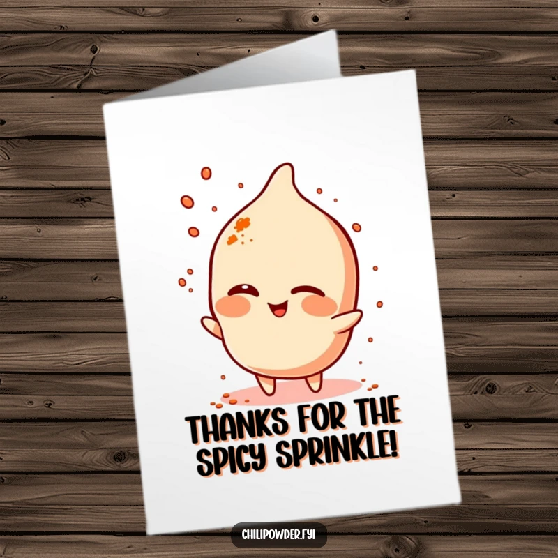 Funny Free Printable Thank You Card: Chili powder character winking charmingly while sprinkling a pinch of spice.