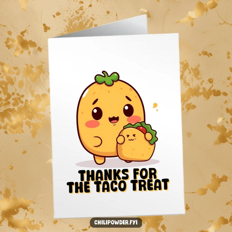 Funny Free Printable Thank You Card: A surprised kawaii chili powder character startled by a tiny taco sneaking up.
