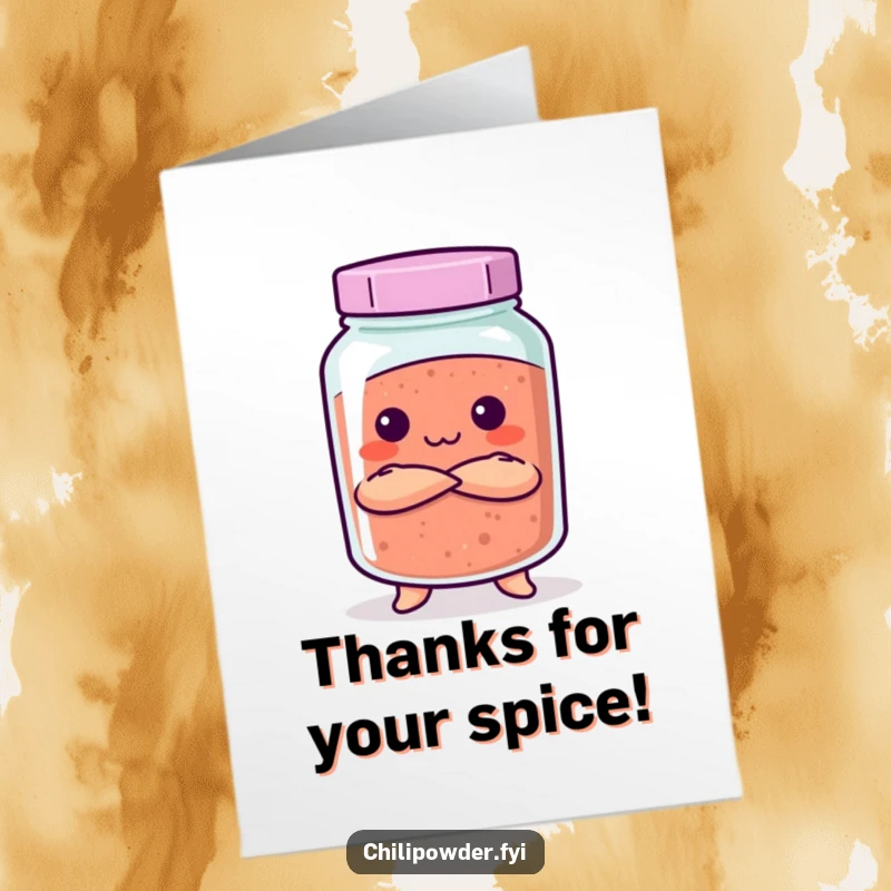 Funny Free Printable Thank You Card: A kawaii chili powder jar with arms crossed, looking sternly but with a hint of humor. Unique and amusing.