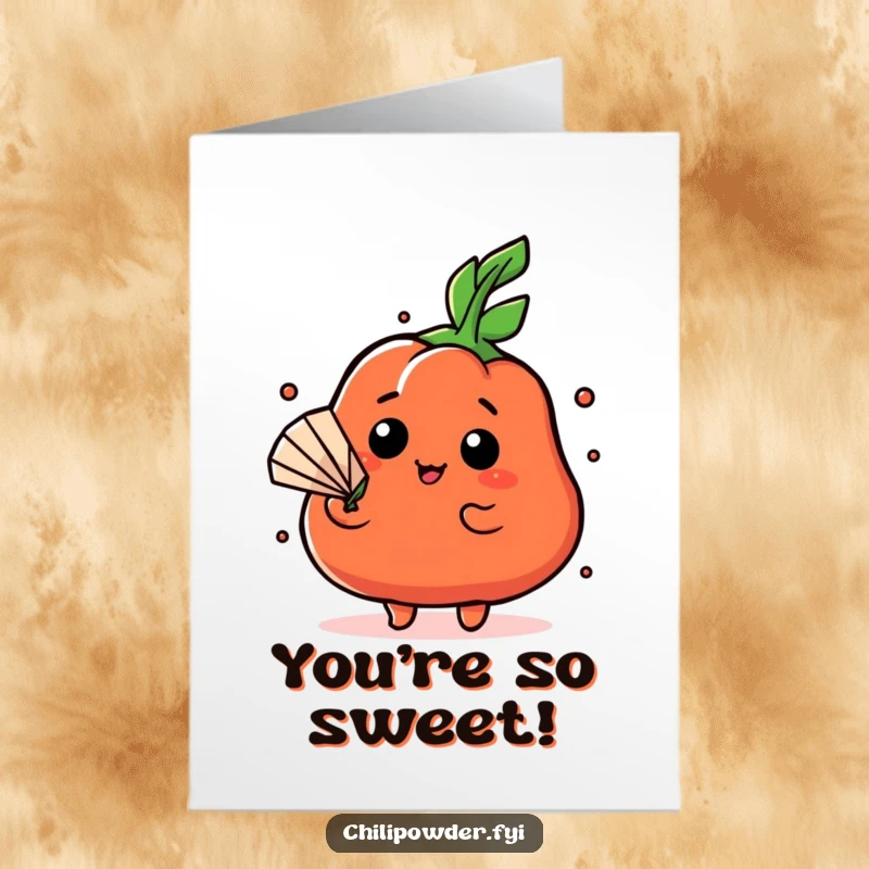 Funny Free Printable Thank You Card: A kawaii chili powder character fanning itself with a tiny leaf, expressing thanks with dramatic flair. Amusing and heartfelt.