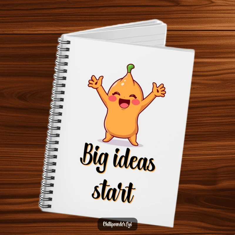 Funny Notebook: A cute chili powder character does an exaggerated stretch, perfect for brainstorming energetic ideas.