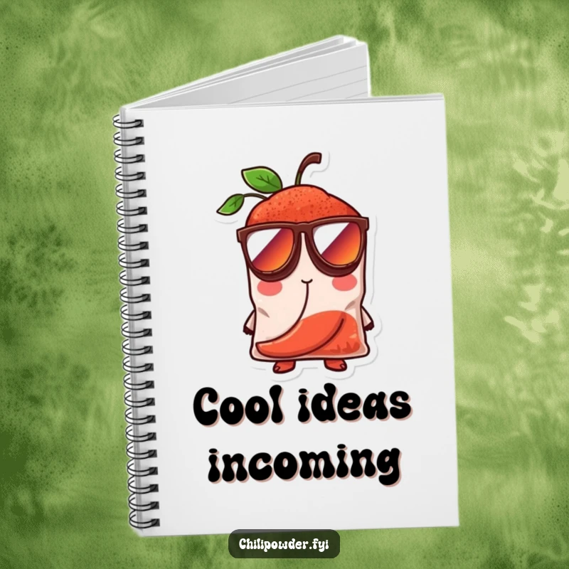 Funny chili powder bag character wearing oversized sunglasses, looking cool and confident, adorning a notebook for stylish note-taking.